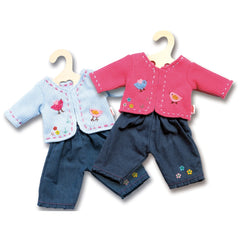 Heless jacket with jeans for dolls, featuring blue fabric with pink accents, floral and bird patterns, and various details.