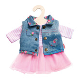 Lace dress with denim vest featuring floral pattern, pink tulle skirt, and gold buttons on a wooden hanger.