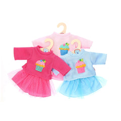 Heless sweater and cupcake skirt set in pink and blue, featuring a cupcake design, suitable for dolls 35-45 cm.