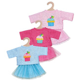 Heless sweater and cupcake skirt set for dolls, featuring pink knit fabric dresses with blue skirts and cupcake graphics.