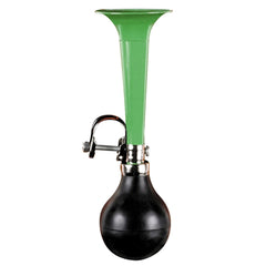 Johntoy bicycle horn features a green plastic top, black plastic bottom, and silver metal middle for outdoor play equipment.