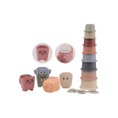 Bio Plastic Stackable Bucket and Bath Cups in pink, blue, green, and beige with white glossy lids and a transparent window.