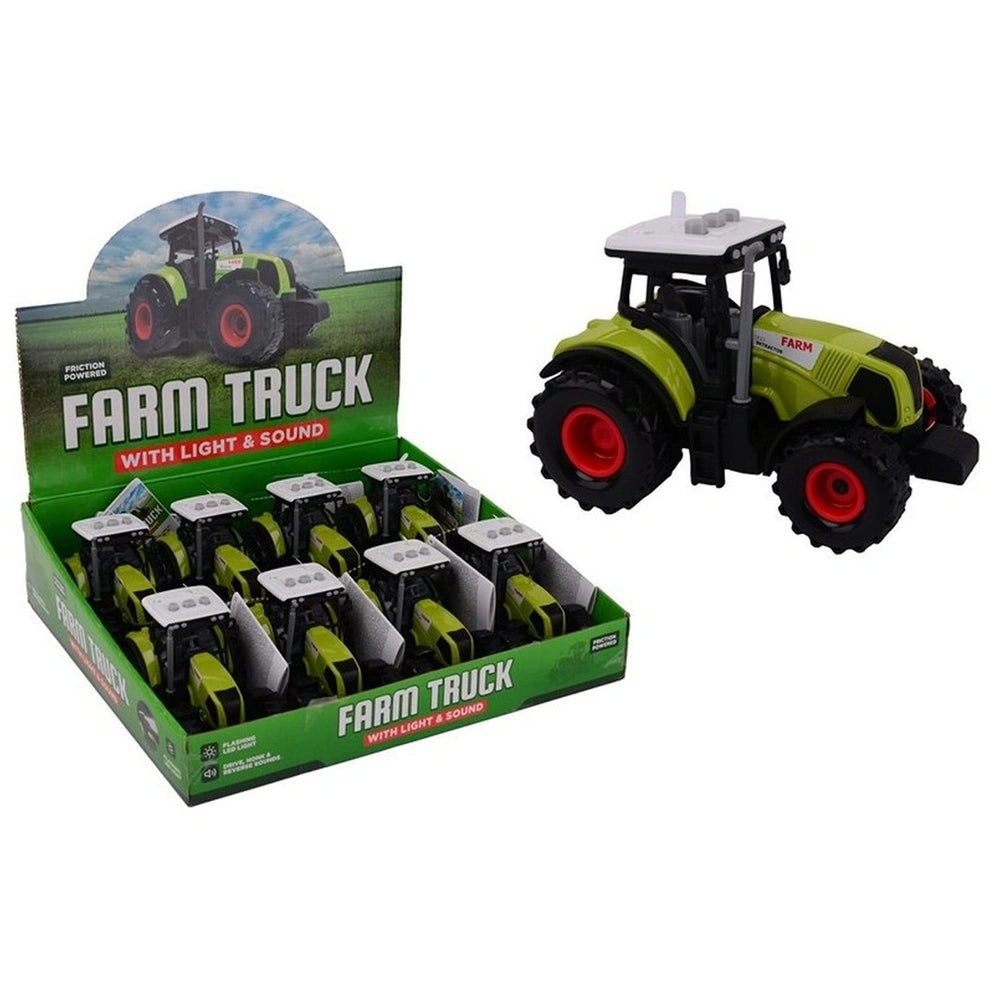 Friction tractor toy in green and black packaging with transparent window, featuring red wheels and text "Farm Truck" with li