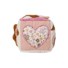 Jollein Activity Cube features a pink heart design on floral fabric, quilted texture, and plush brown material for baby play.