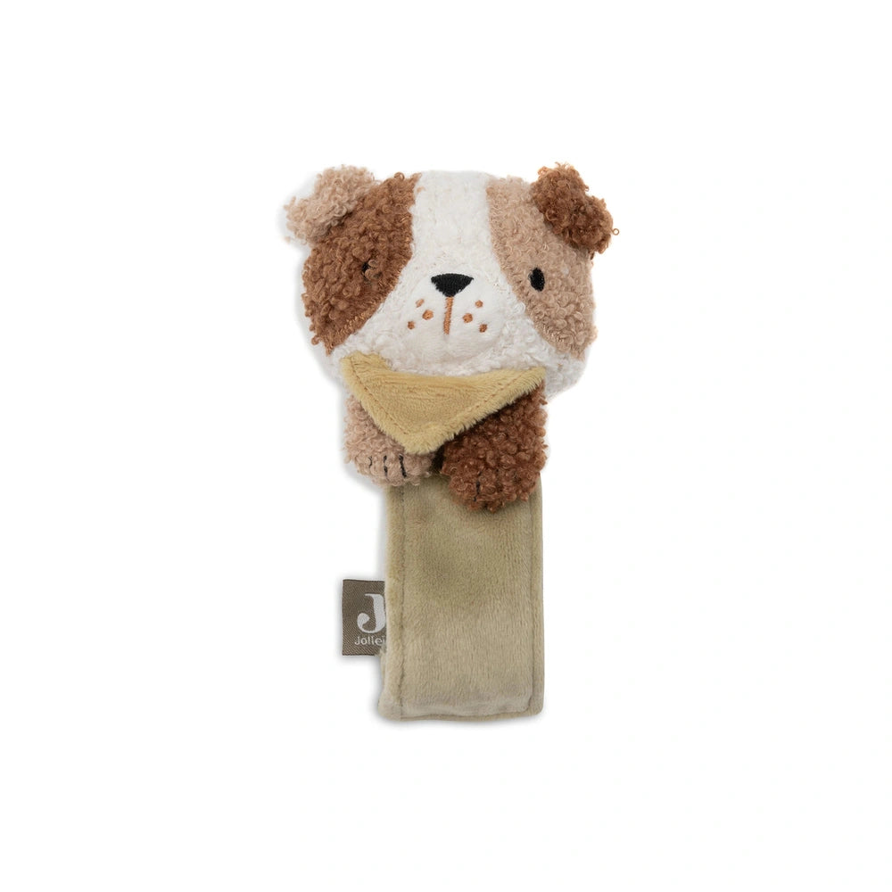 Jollein wrist rattle features a brown and white teddy bear holding a light beige scarf with a tag reading "Jolly."