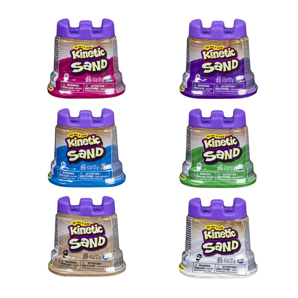 Kinetic Sand toys in purple, blue, green, and brown with textured surfaces and handles, arranged on a white background.