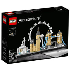 LEGO Architecture set depicting the London skyline with detailed models of Big Ben and London Bridge in gray, white, and blac