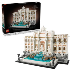 LEGO Architecture Trevi Fountain set showcases a detailed classical model with a fountain, statues, and blue water elements.