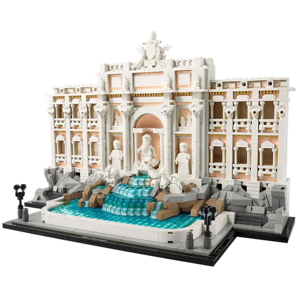 LEGO Architecture Trevi Fountain model features a classical building with a blue tiered fountain in front.