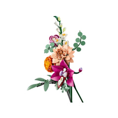 Colorful LEGO® Botanicals flower bouquet featuring vibrant pink orchids, orange ranunculus, and green eucalyptus stems, set against a white background.