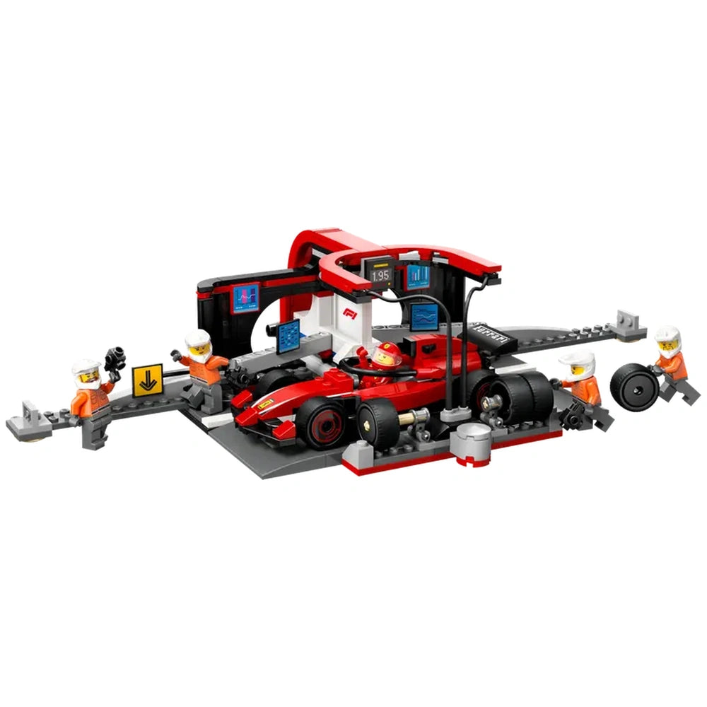 LEGO® City F1® Pit Stop set featuring a red Ferrari race car, four orange-clad pit crew minifigures, and a detailed pit stop scene with tools and screens, designed for imaginative play.
