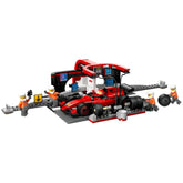 LEGO® City F1® Pit Stop set featuring a red Ferrari race car, four orange-clad pit crew minifigures, and a detailed pit stop scene with tools and screens, designed for imaginative play.