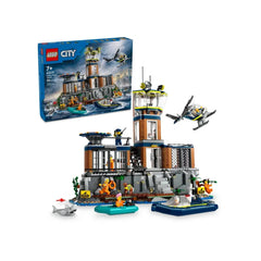 LEGO® City Police Prison Island construction set featuring a detailed prison with a control tower, several mini-figures, and boats.