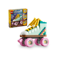 LEGO Creator Retro Roller Skate set featuring a colorful roller skate model with pink wheels, yellow laces, and a charming design, alongside its packaging.