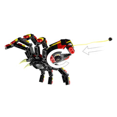 Posable LEGO spider toy in vibrant black, red, and yellow, featuring eight articulated legs, large teeth, and a pulled neon-yellow web.