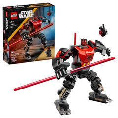 LEGO Darth Maul Mech set stands in an action pose, brandishing a red Lightsaber, with the product box featuring vibrant Star Wars graphics in the background.