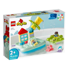 LEGO® DUPLO® Town Water Park set features a colorful water park scene with a palm tree, a water slide, and play figures splashing around in water, perfect for toddlers.