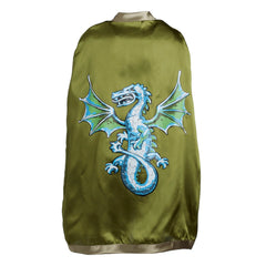 Dragon cape featuring a cartoonish light blue embroidered dragon on smooth satin fabric against a dark olive green background