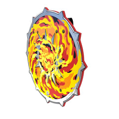 Liontouch Flame Shield with a metallic sheen, featuring a gradient of yellow, orange, and red, and sharp angular points.