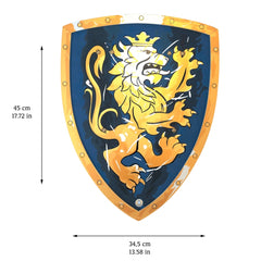 Liontouch Knight Shield in blue with a golden lion emblem, metallic finish, and circular shape featuring raised paws and roar
