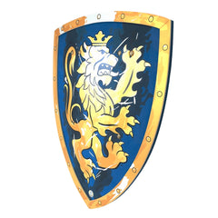 Liontouch Knight Shield in blue with yellow lion emblem, gold trim, and metallic sheen, ideal for pretend play.