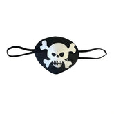 Pirate eye patch with black background and white skull and crossbones design, featuring two wearing straps.