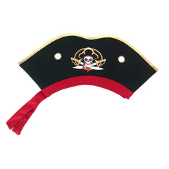 Black pirate hat with red trim and bow, featuring a skull and crossbones emblem, displayed on a white background.