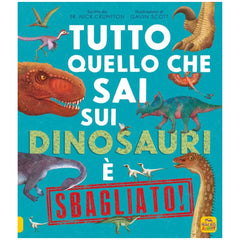 MACRO JUNIOR book features colorful dinosaur illustrations and bold Italian text "TUTTO QUELLO CHE SAI SUI DINOSAURI E SBAGLI
