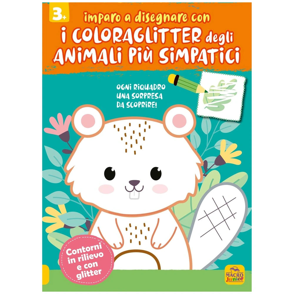 MACRO JUNIOR book cover featuring a cartoon raccoon, tennis racket, colored pencils, and glossy light blue background.