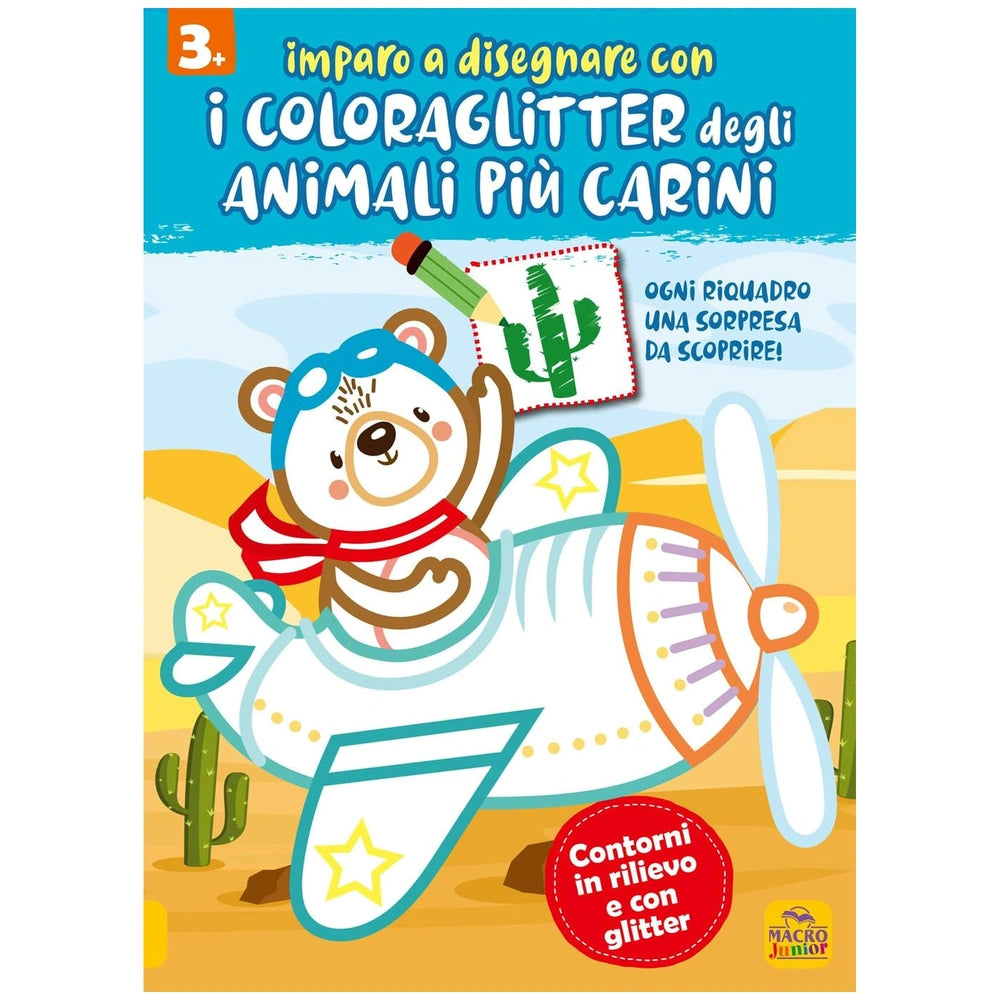 MACRO JUNIOR book features a colorful bear in a pilot outfit flying a plane, holding a pencil against a light blue background