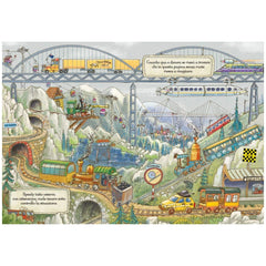 MACRO JUNIOR book featuring a colorful scene with multiple trains and vehicles on tracks, set against a matte cardboard backd
