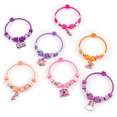 DIY Fashion Bracelet Set featuring colorful bands in pink, purple, orange, and yellow with various heart and cloud designs.