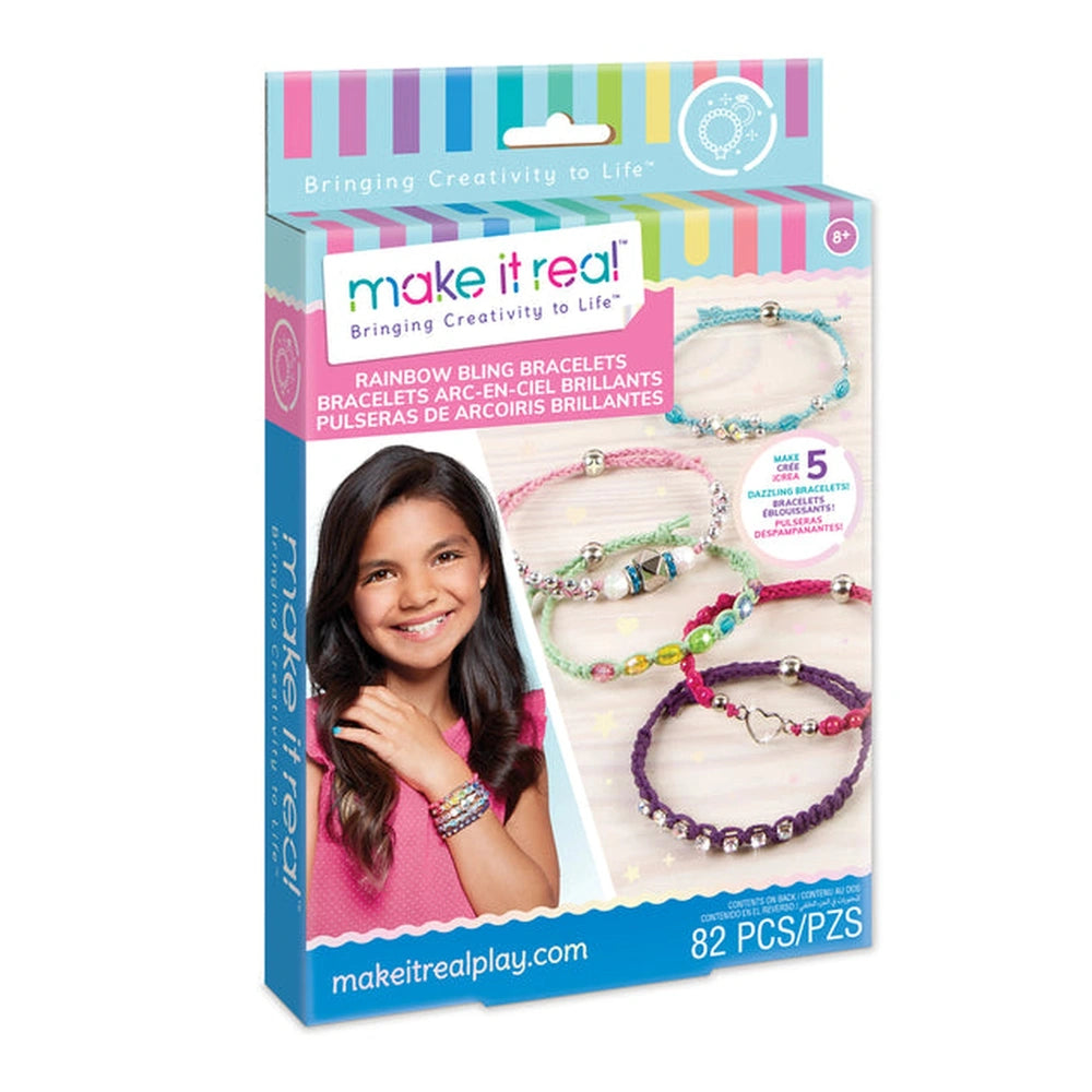 Rainbow Bling Bracelets arts and crafts set in glossy cardboard packaging with colorful bracelets and hair ties visible.