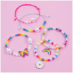 Rainbow Treasure Bracelets featuring seven colorful bracelets and a silver pendant arranged centrally.