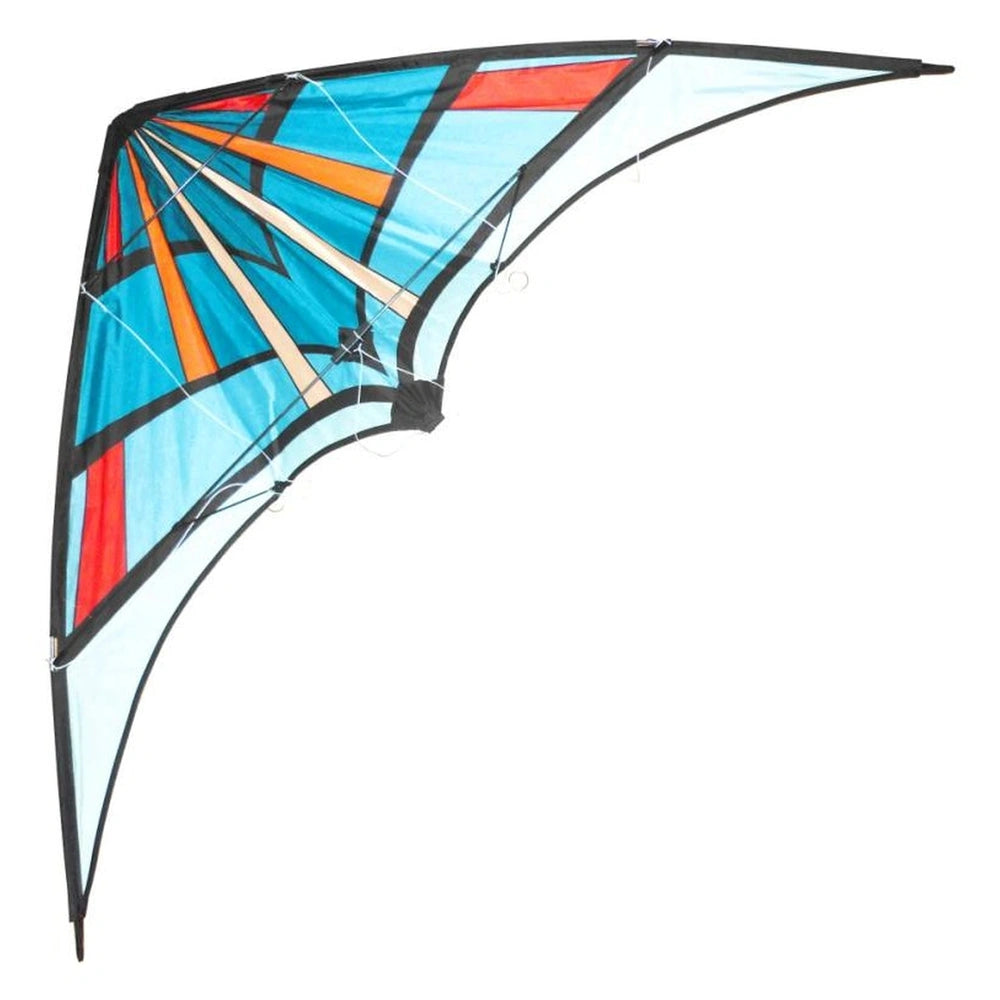 Mandelli Barani Kite features a blue triangular design with colorful cells and a black tail, crafted from lightweight fabric.