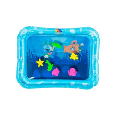 Molto Playsense inflatable play mat in blue with colorful underwater designs, raised edges, and a visible valve and handle.