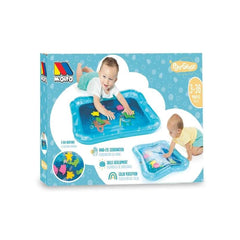 Molto Playsense inflatable play mat packaging featuring a child playing, glossy cardboard with blue background and white text
