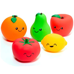 Molto Sensorial Fruits Set features five vibrant fruit-shaped baby activity toys made of smooth plastic with green leaves on