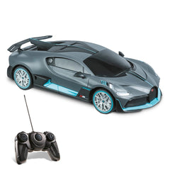 Mondo Bugatti DIVO radio-controlled car in silver and blue, featuring a sleek design, five-spoke wheels, and a black antenna.