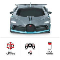 Mondo Bugatti DIVO radio-controlled car in glossy black and silver with red logo, features transparent windshield and full fu