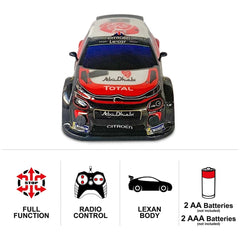 Mondo Citroen C3 WRC radio-controlled car in black with red and white accents, featuring a glossy Lexan body and tinted windo