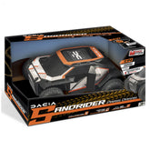 RC Dacia Sandrider toy vehicle in orange and black packaging with plastic window, featuring "PARIS DAKAR" and "4WD" text.