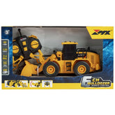 Mondo Motors RC-MX Bulldozer in yellow and black packaging features glossy plastic and matte cardboard with blue background.