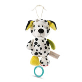 Musical box Dalmatian teddy bear with soft fabric, yellow ears, black spots, and a light blue belly button, perfect for baby