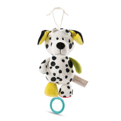 My First NICI musical box Dalmatian toy features black and white fur with yellow and black ears, paws, and feet.