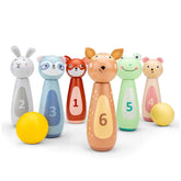 A colorful wooden bowling set for children with pins designed as various animals such as a rabbit, fox, raccoon, bear, frog, and deer, and two yellow balls.