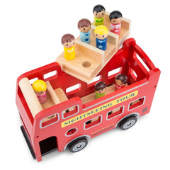 New Classic Toys City Tour Bus in red with 9 colorful plastic figures and "SIGHTSEEING TOUR" printed on the side.