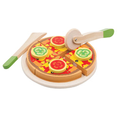 New Classic Toys pizza cutter set featuring a wooden handle and multiple plastic components for pretend play.