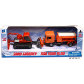 New Ray snow groomer man snow plow in orange and red, displayed in matte cardboard packaging with a transparent window.