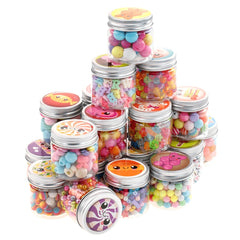Beads ABC Candy Beads Jar features colorful candy-filled containers with shiny metal lids, stacked in a vibrant display.